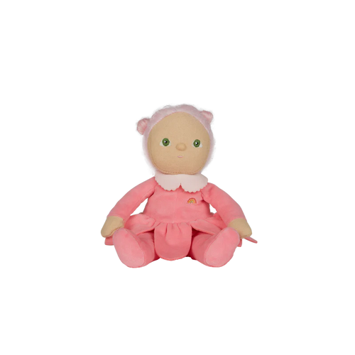 Pink Dinky Dinkum Doll with pink hair and pink dress with flower skirt. 
