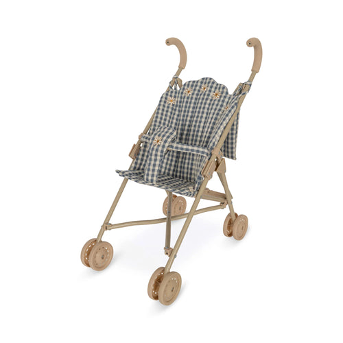 Doll Stroller featuring a blue and white gingham print. 