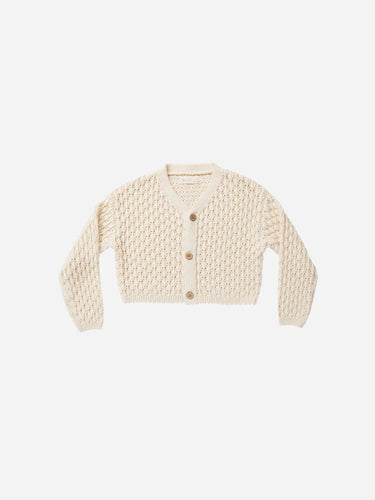 Organic cotton button up cardigan featured in a natural colour. 