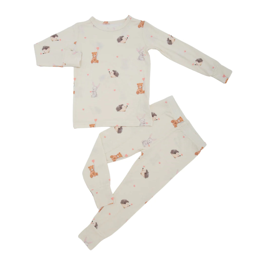 Bamboo Beige Pj set with bears, porcupines, bunnies, and hearts all over set. 