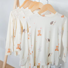 Load image into Gallery viewer, Bamboo Beige Pj set with bears, porcupines, bunnies, and hearts all over set.
