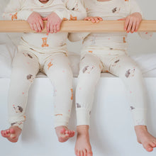 Load image into Gallery viewer, Bamboo Beige Pj set with bears, porcupines, bunnies, and hearts all over set.
