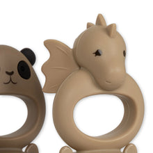 Load image into Gallery viewer, 2-pack of baby fruit pacifiers featuring a panda and dragon animal on the handle.
