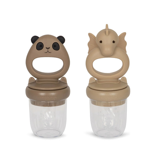 2-pack of baby fruit pacifiers featuring a panda and dragon animal on the handle. 