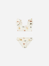 Load image into Gallery viewer, White bikini with flutter sleeves and a floral all over print. 
