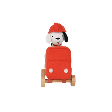 Load image into Gallery viewer, A fireman dog plush toy made from a wool blend. Comes with a wool plush car and removable hat.
