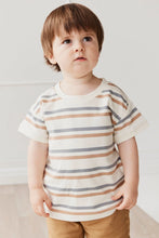 Load image into Gallery viewer, Beige short sleeve tshirt with blue and rust stripes.
