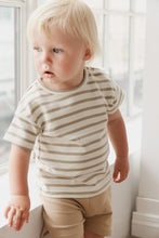 Load image into Gallery viewer, Beige and cream striped baby tee on organic cotton.
