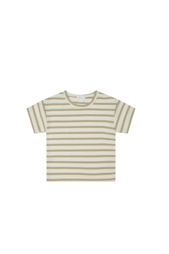 Beige and cream striped baby tee on organic cotton.  