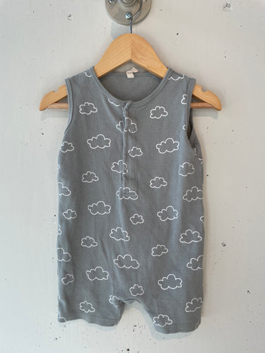 Short sleeve romper featuring a dark pale blue colour with a cloud all over print. 