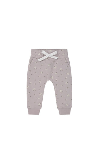 Jamie Kay track pant in a light pastel purple colour and white flower print. 