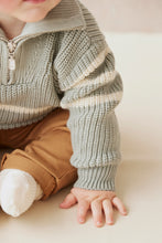 Load image into Gallery viewer, Baby teal knit sweater with quarter zip and three white stripes across middle.
