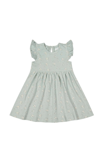 Baby Blue dress with flutter sleeves and a white floral all over print. 