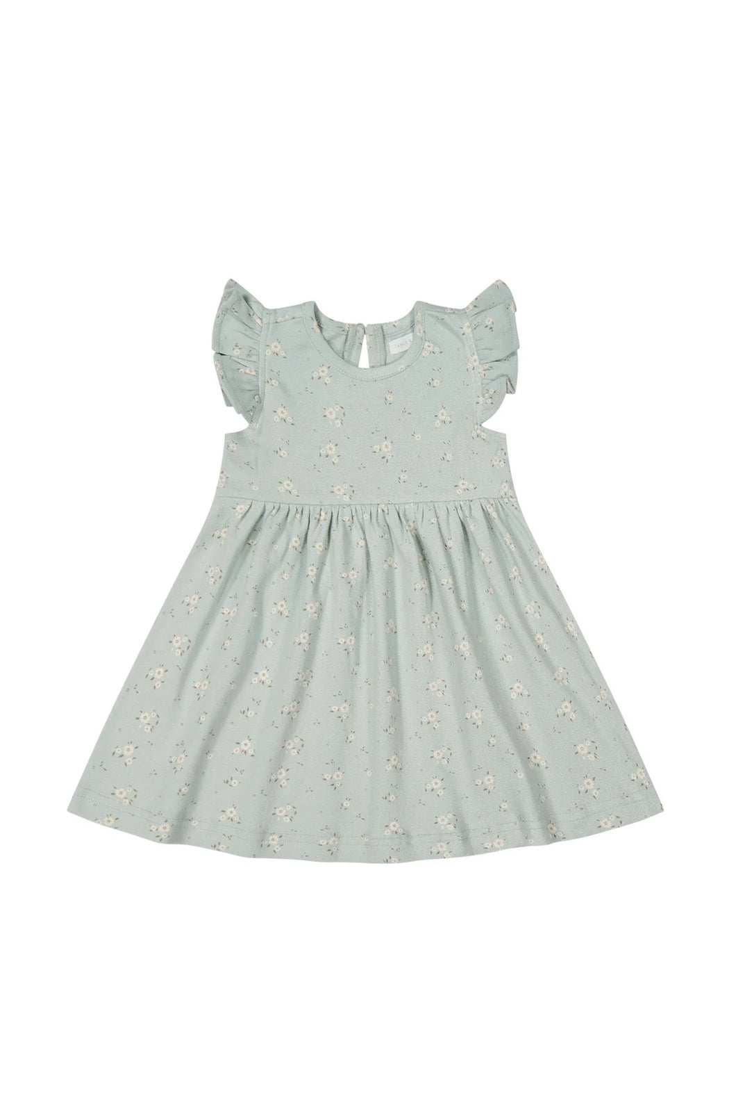 Baby Blue dress with flutter sleeves and a white floral all over print. 