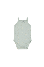 Load image into Gallery viewer, Baby blue tank top bodysuit with a white floral all over print. 
