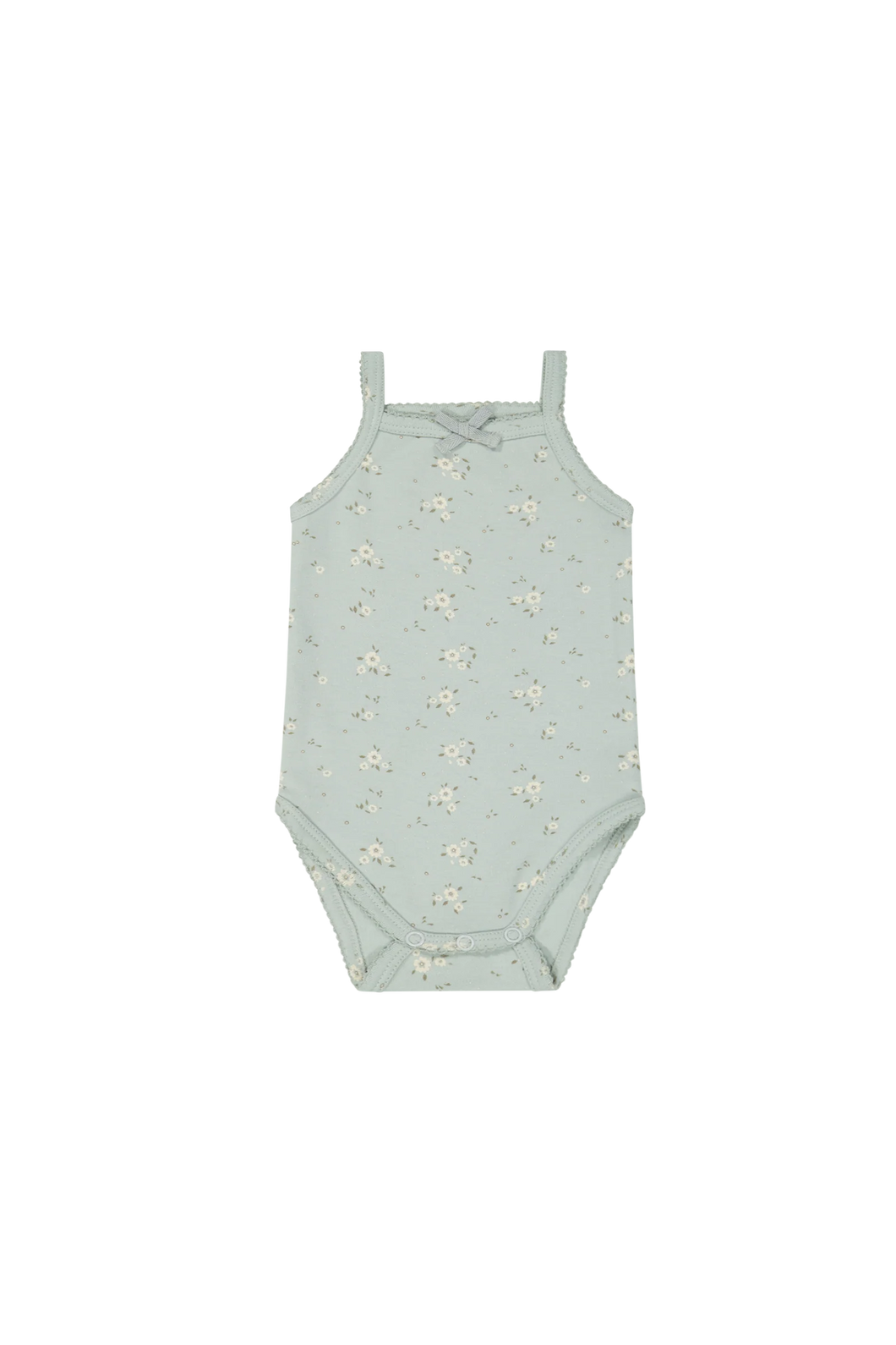 Baby blue tank top bodysuit with a white floral all over print. 