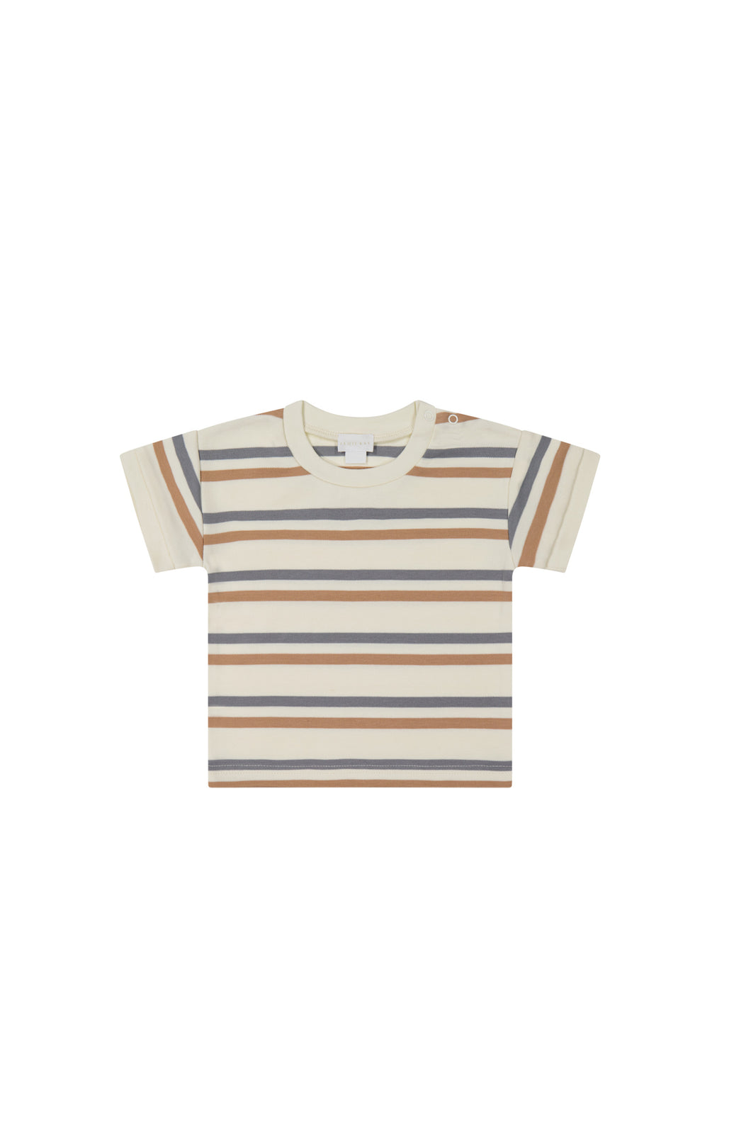 Beige short sleeve tshirt with blue and rust stripes. 