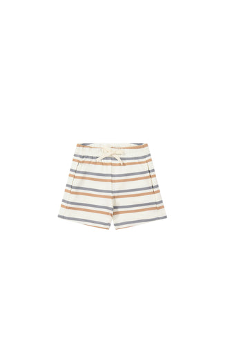 Beige shorts with blue and rust stripes.