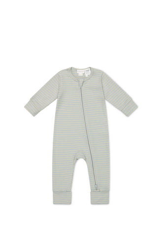 Organic cotton long sleeve jumpsuit featuring a zip and blue colour.