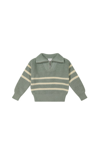 Baby teal knit sweater with quarter zip and three white stripes across middle. 