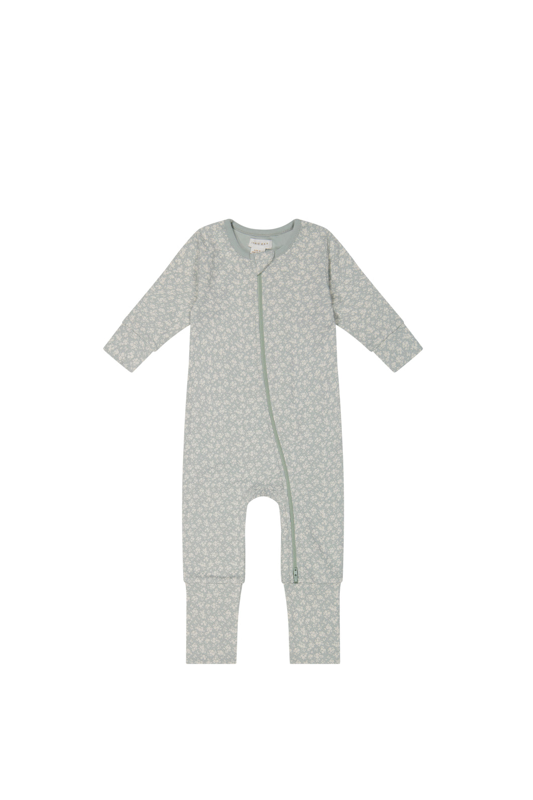 Baby blue jumpsuit with zipper from top to feet. White floral print over baby blue colour. 