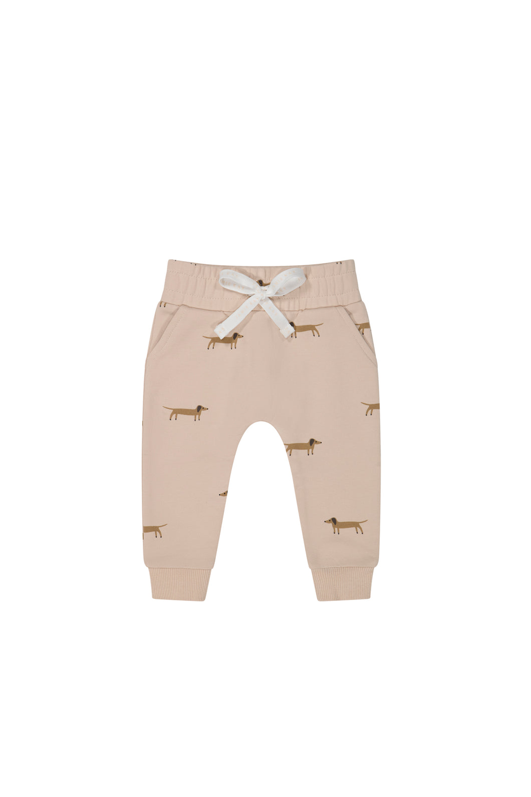 Organic Cotton track pant from Jamie Kay. Beige sweatpant with dogs print. 
