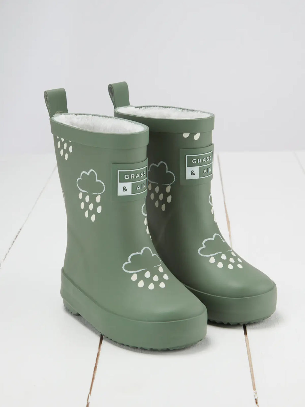 Khaki Green Rain boots lined with teddy fleece. 