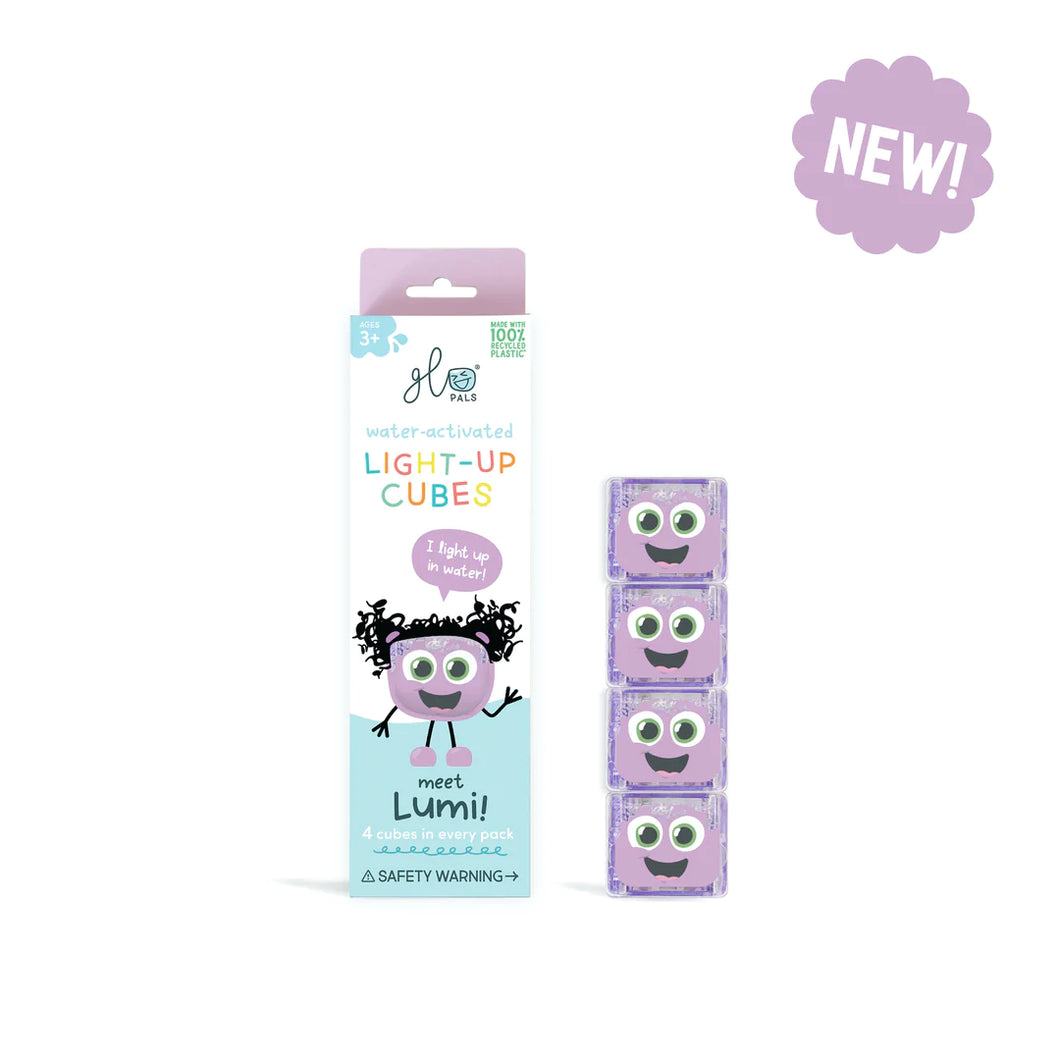 Light up sensory cubes in the colour pink. The pack featured is named Lumi and comes with four cubes.