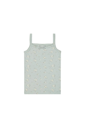 Baby Blue children's tank top with a white floral all over print. 