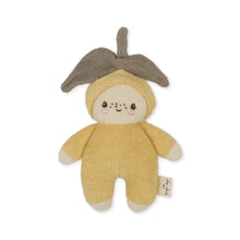 Load image into Gallery viewer, Mini lemon plush toy featuring a pastel yellow onesie and a stem hat made of organic cotton. 

