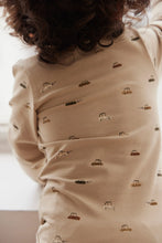 Load image into Gallery viewer, Khaki long sleeve bodysuit with a vintage car print.
