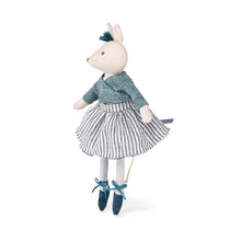 Load image into Gallery viewer, Soft and plush mouse doll Charlotte with a blue sweater and blue and white striped skirt. 
