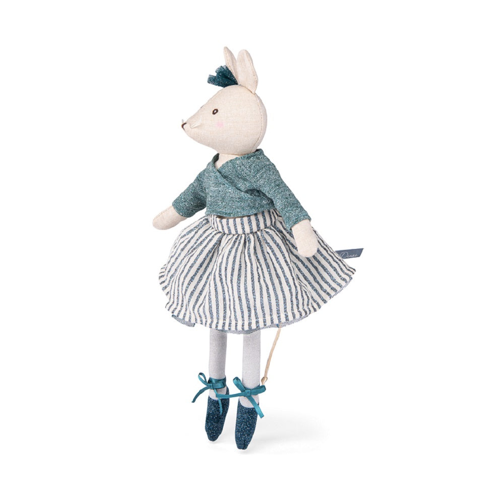 Soft and plush mouse doll Charlotte with a blue sweater and blue and white striped skirt. 
