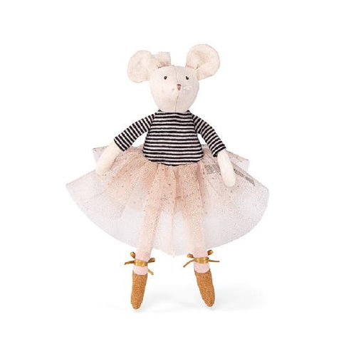 Suzie, a little chambray plain-weave fabric mouse toy with a sweet embroidered face and delicately powdered cheeks, is wearing a golden tutu skirt, striped jersey and slippers, all kitted out in her dancing gear.