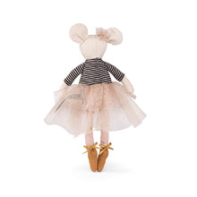 Load image into Gallery viewer, Suzie, a little chambray plain-weave fabric mouse toy with a sweet embroidered face and delicately powdered cheeks, is wearing a golden tutu skirt, striped jersey and slippers, all kitted out in her dancing gear.
