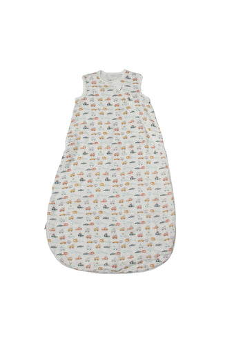 Camper Van print featuring red, yellow, blue, and navy vans on a lightweight baby sleep bag. 