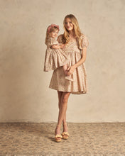 Load image into Gallery viewer, Baby doll dress with puffy sleeves and a gathered waist. This dress is featuring the wildflower print with pinks, greens, and beiges.

