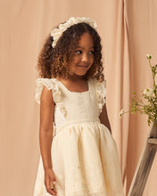 Load image into Gallery viewer, Natural coloured fabric gathered headband with lace daisies all over for a puffy look.
