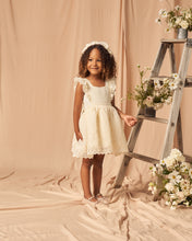 Load image into Gallery viewer, Ivory dress with ruffle sleeves and a vintage inspired skirt featuring lace.
