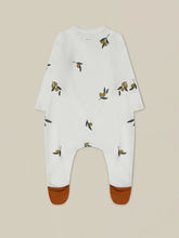 Load image into Gallery viewer, Organic cotton light beige onesie with contrast rust feet and an olive branch all over print.
