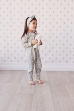 Load image into Gallery viewer, Blue one piece with zipper. No feet or hand covers. Onsie has a white floral pattern on it.
