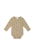 Load image into Gallery viewer, Khaki long sleeve bodysuit with a vintage car print. 
