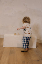 Load image into Gallery viewer, Organic cotton blue and white gingham printed baby pants with an elastic waist.

