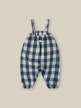 Load image into Gallery viewer, Organic Cotton blue and white gingham printed jumpsuit with two pockets on the front.
