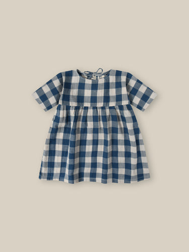 Blue and white gingham printed dress featuring a tie up back.
