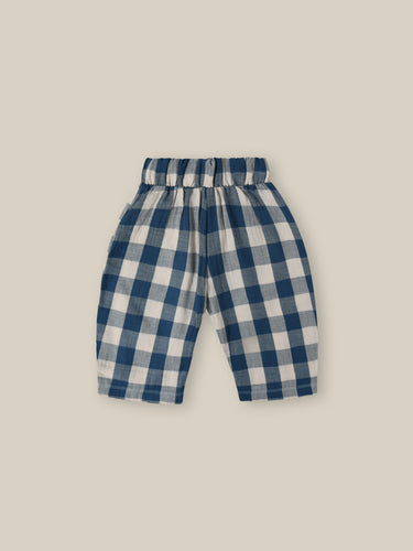 Organic cotton blue and white gingham printed baby pants with an elastic waist. 