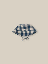 Load image into Gallery viewer, Organic Cotton blue and white gingham bucket hat with a chin tie.
