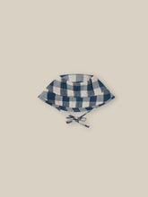 Load image into Gallery viewer, Organic Cotton blue and white gingham bucket hat with a chin tie. 
