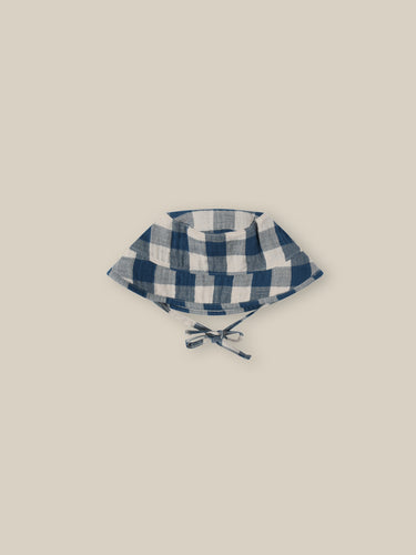 Organic Cotton blue and white gingham bucket hat with a chin tie. 
