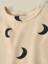 Load image into Gallery viewer, Beige organic terry cotton t-shirt with a dark moon all over print.
